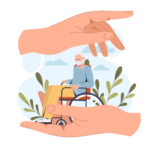 Insurance and healthcare. Large hands hold grandfather on chair, comfort and care. Volunteers take care of elderly person, charity, medicine poster or banner. Cartoon flat vector illustration